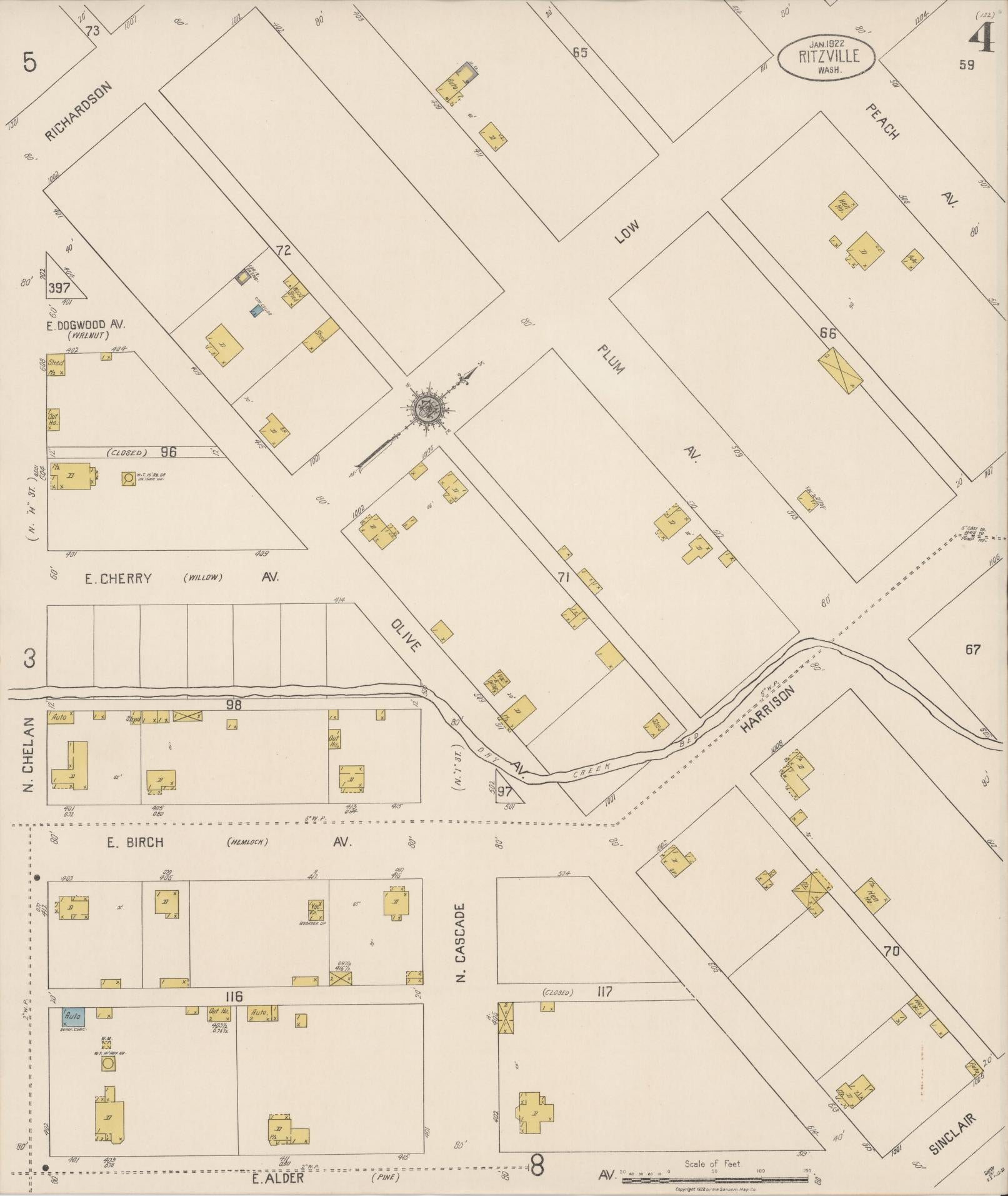 Sanborn Fire Insurance Map from Ritzville, Adams County, Washington (1922), Sheet #0004 - Historic Sanborn Fire Insurance Map Print, vintage old map wall art, antique decor, genealogy gift, Washington Washington map