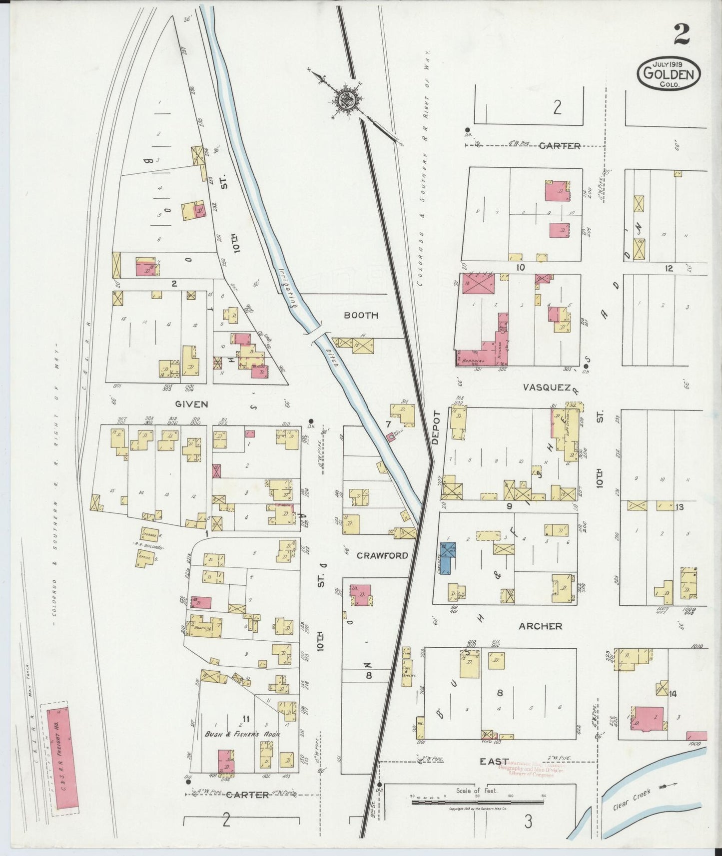 Sanborn Fire Insurance Map from Golden, Jefferson County, Colorado (1919), Sheet #0002 - Historic Sanborn Fire Insurance Map Print, vintage old map wall art, antique decor, genealogy gift, Colorado Colorado map