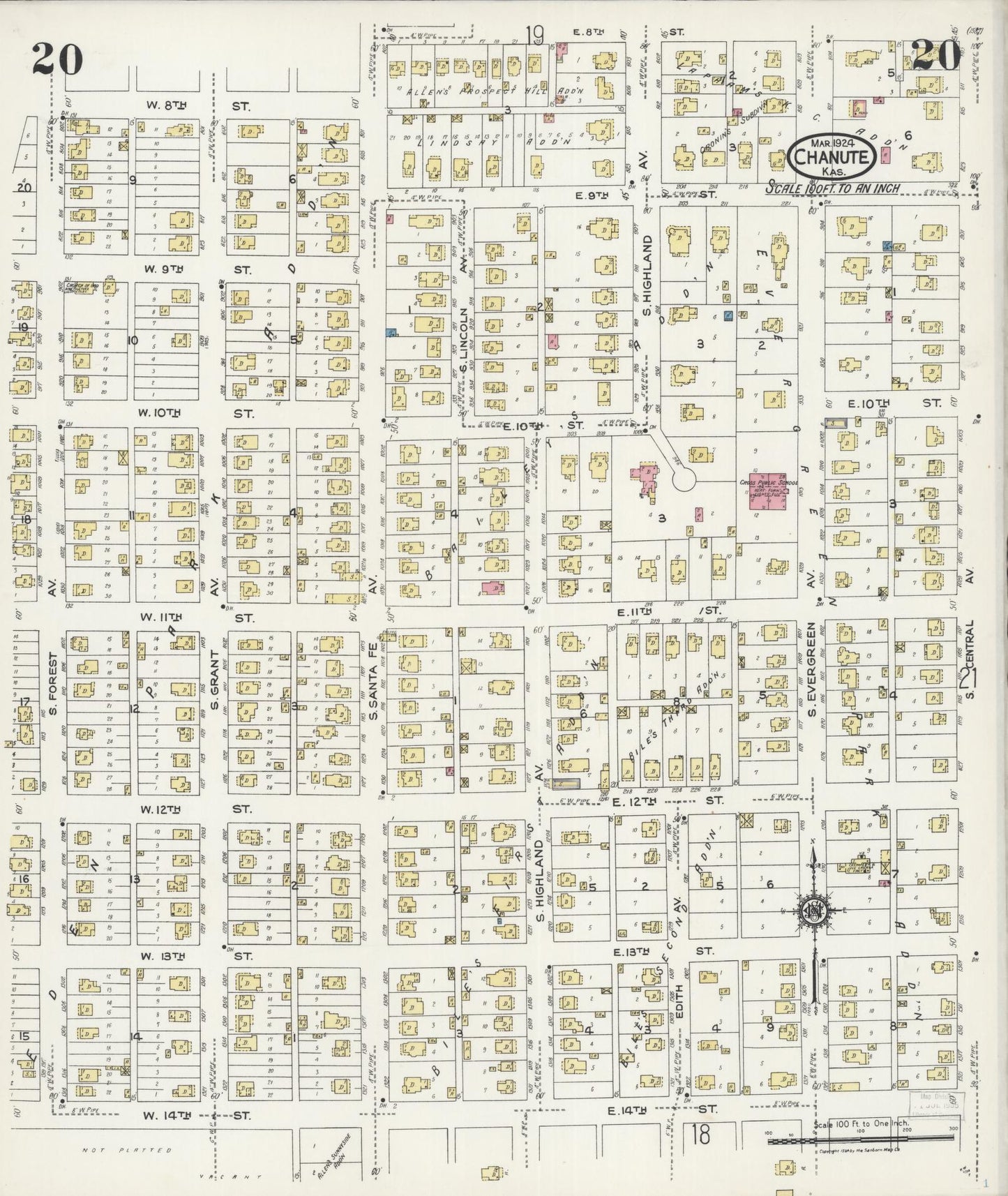 Sanborn Fire Insurance Map from Chanute, Neosho County, Kansas (1924), Sheet #0020 - Complete Map Set gallery image, historic Sanborn map, vintage wall art, Kansas Kansas