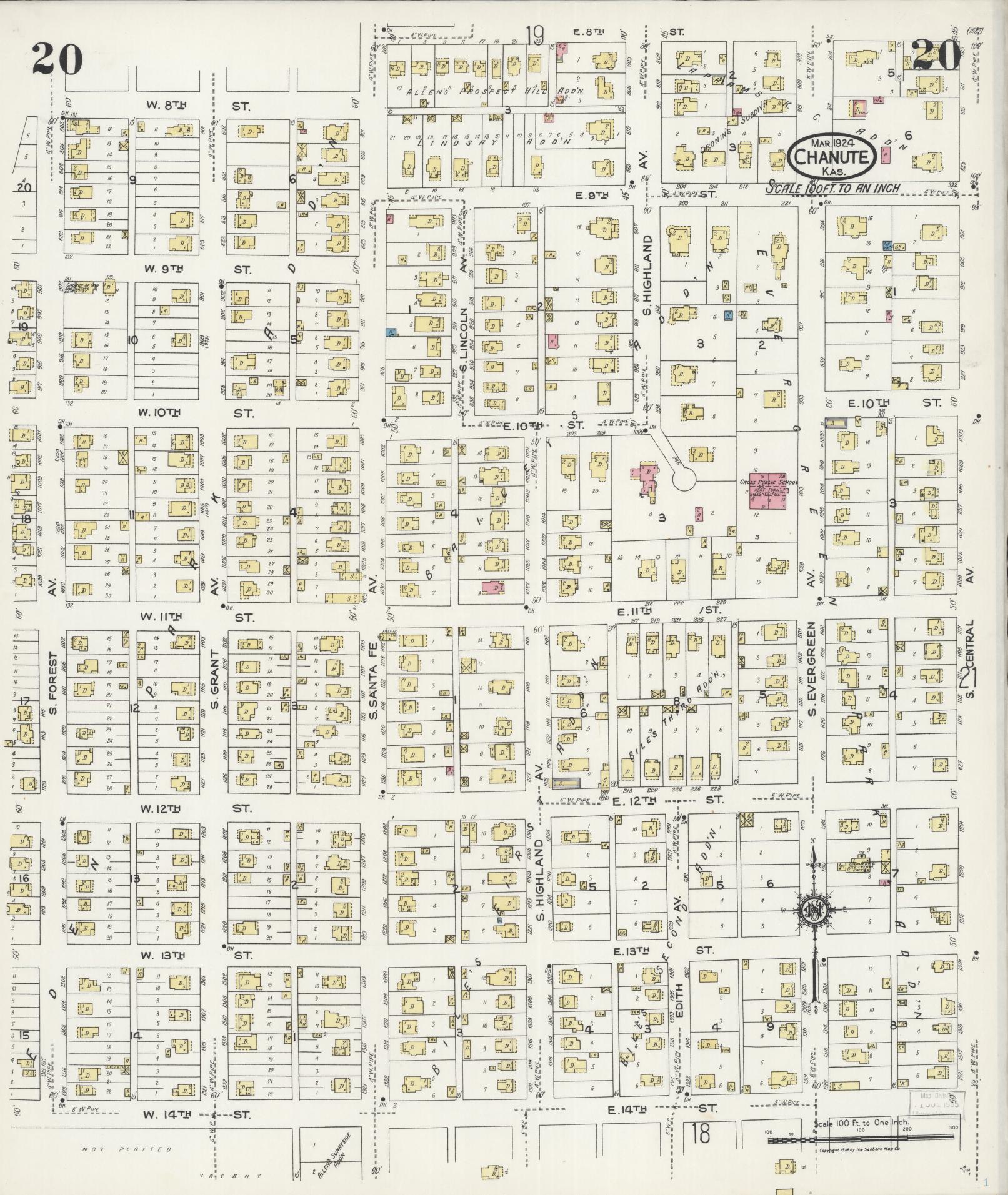Sanborn Fire Insurance Map from Chanute, Neosho County, Kansas (1924), Sheet #0020 - Complete Map Set gallery image, historic Sanborn map, vintage wall art, Kansas Kansas