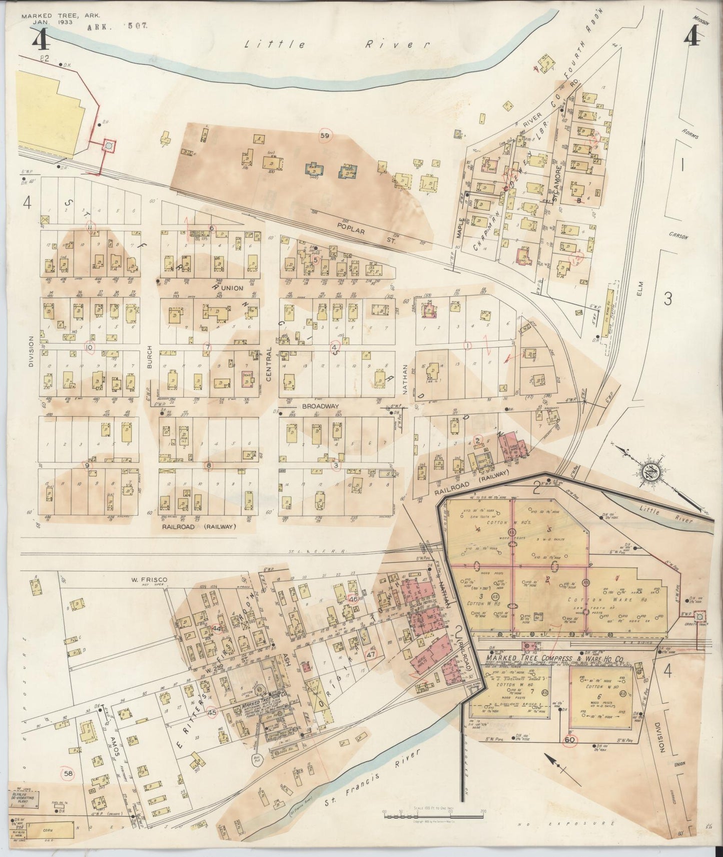 Sanborn Fire Insurance Map from Marked Tree, Poinsett County, Arkansas (1941), Sheet #0004 - Historic Sanborn Fire Insurance Map Print, vintage old map wall art, antique decor, genealogy gift, Arkansas Arkansas map