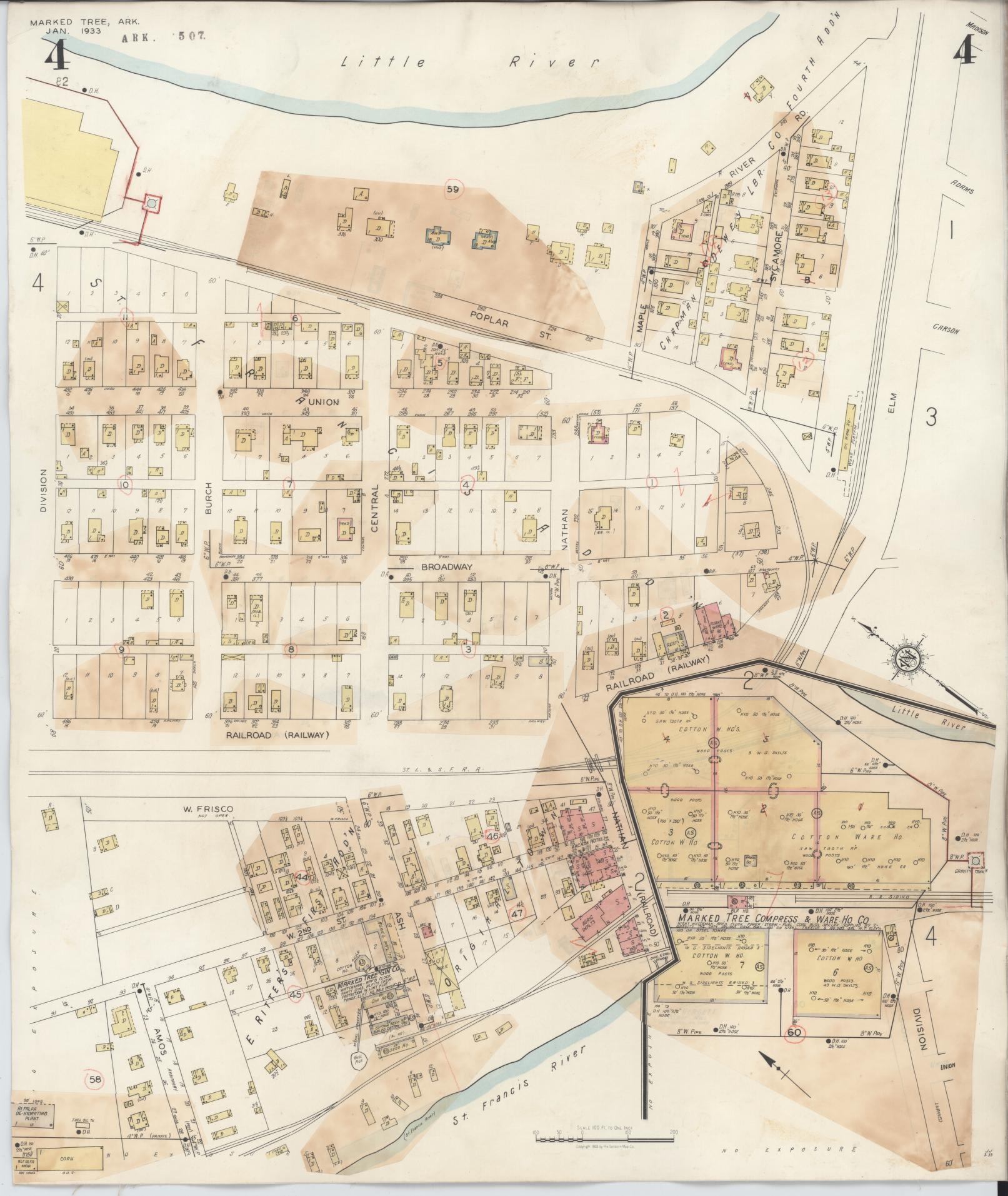 Sanborn Fire Insurance Map from Marked Tree, Poinsett County, Arkansas (1941), Sheet #0004 - Historic Sanborn Fire Insurance Map Print, vintage old map wall art, antique decor, genealogy gift, Arkansas Arkansas map
