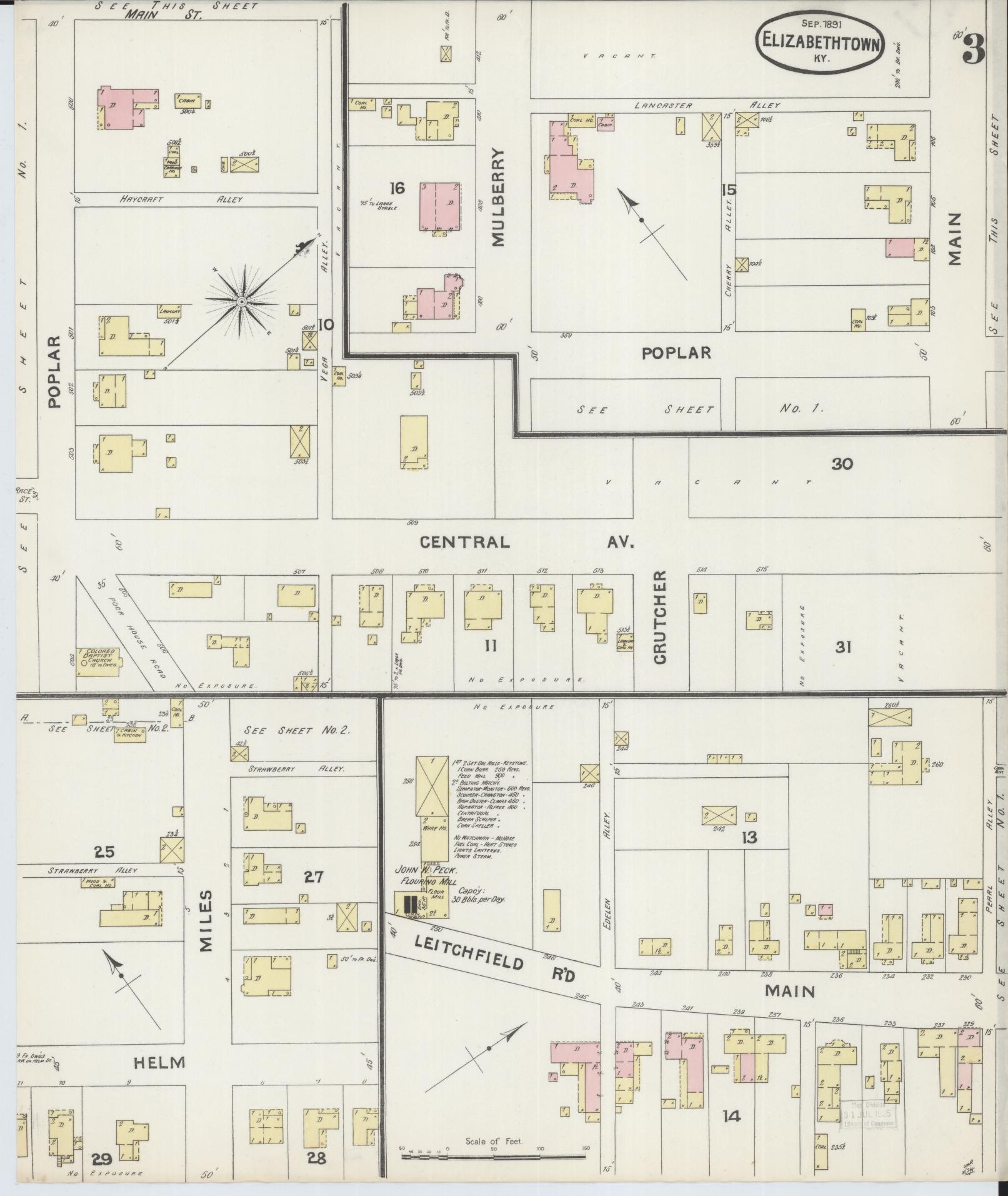 Sanborn Fire Insurance Map from Elizabethtown, Hardin County, Kentucky (1891), Sheet #0003 - Complete Map Set gallery image, historic Sanborn map, vintage wall art, Kentucky Kentucky
