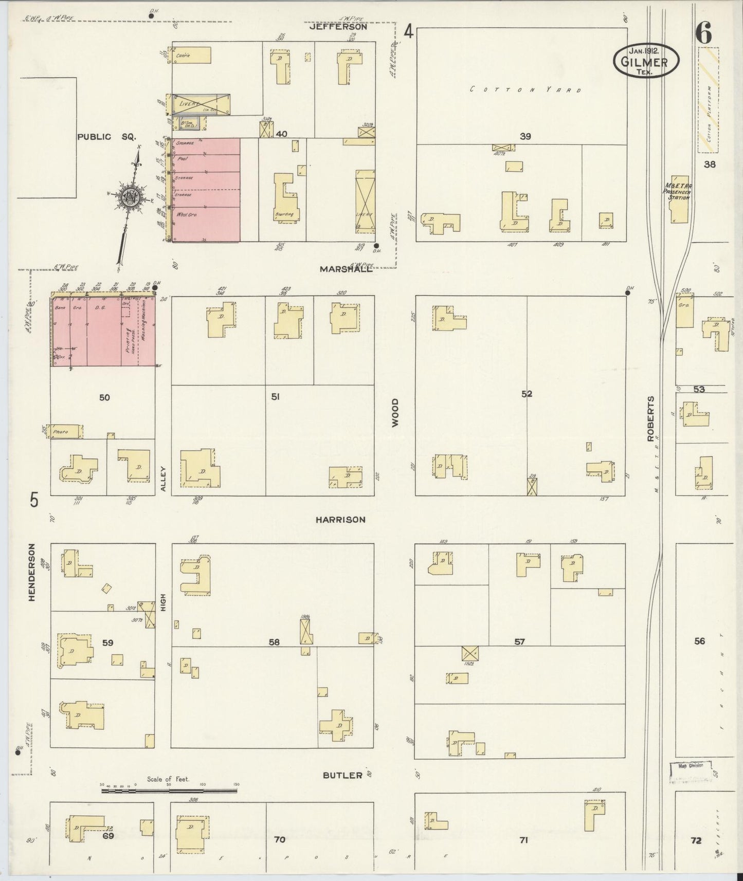 Sanborn Fire Insurance Map from Gilmer, Upshur County, Texas (1912), Sheet #0006 - Complete Map Set gallery image, historic Sanborn map, vintage wall art, Texas Texas
