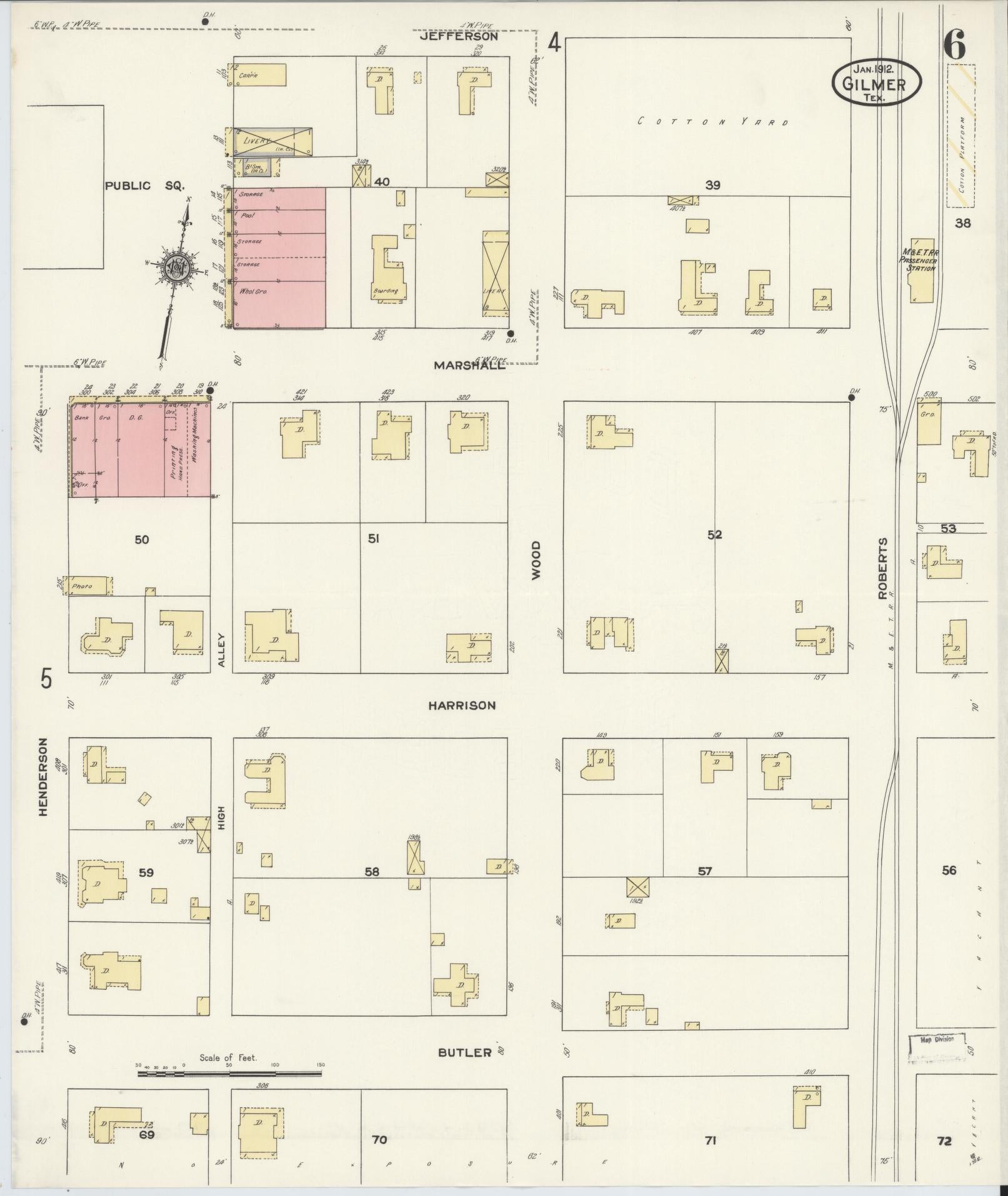 Sanborn Fire Insurance Map from Gilmer, Upshur County, Texas (1912), Sheet #0006 - Complete Map Set gallery image, historic Sanborn map, vintage wall art, Texas Texas