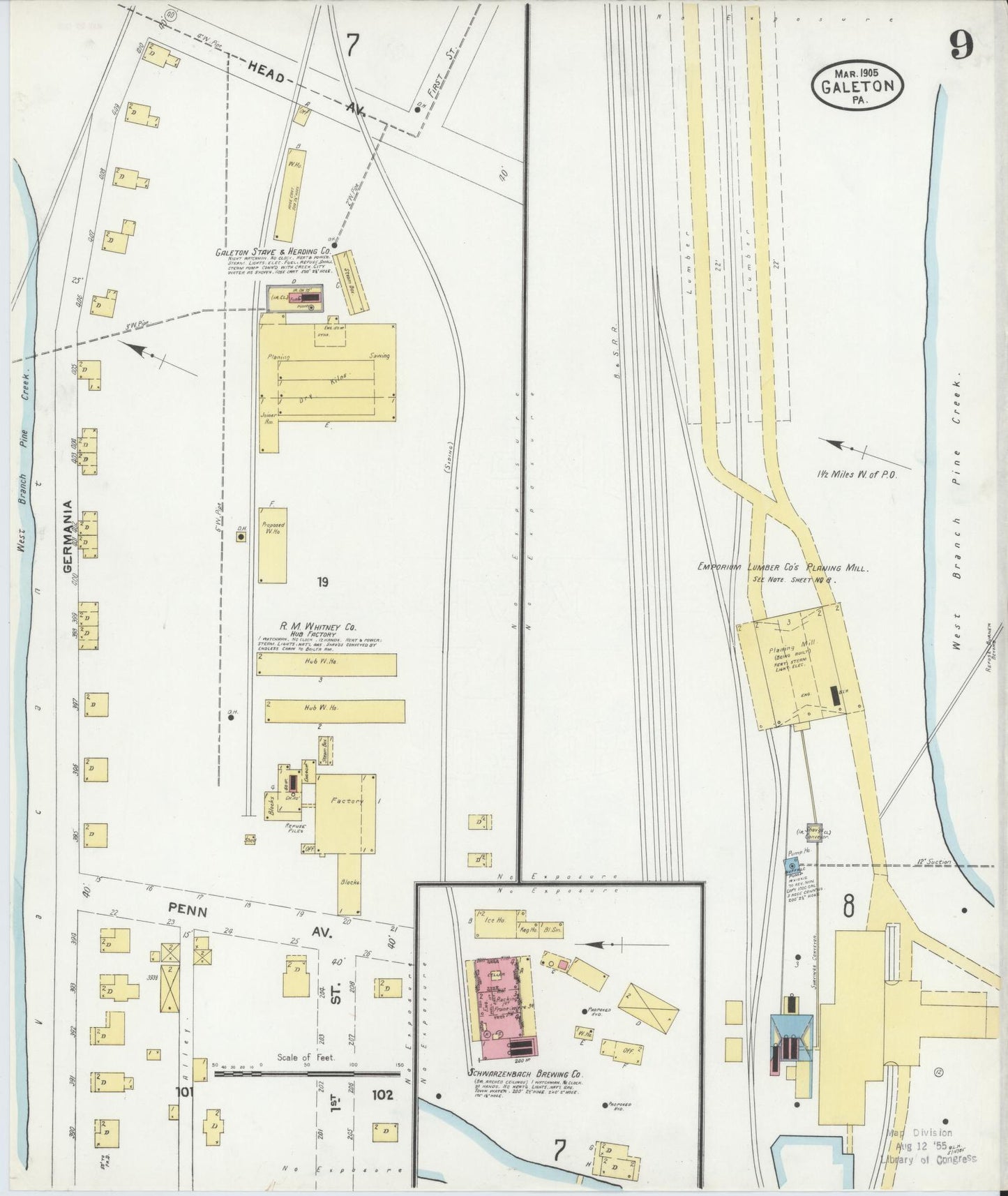 Sanborn Fire Insurance Map from Galeton, Potter County, Pennsylvania (1905), Sheet #0009 - Historic Sanborn Fire Insurance Map Print, vintage old map wall art, antique decor, genealogy gift, Pennsylvania Pennsylvania map