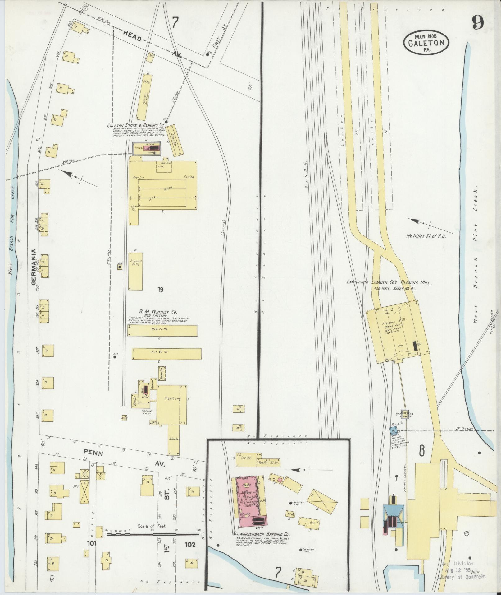 Sanborn Fire Insurance Map from Galeton, Potter County, Pennsylvania (1905), Sheet #0009 - Historic Sanborn Fire Insurance Map Print, vintage old map wall art, antique decor, genealogy gift, Pennsylvania Pennsylvania map