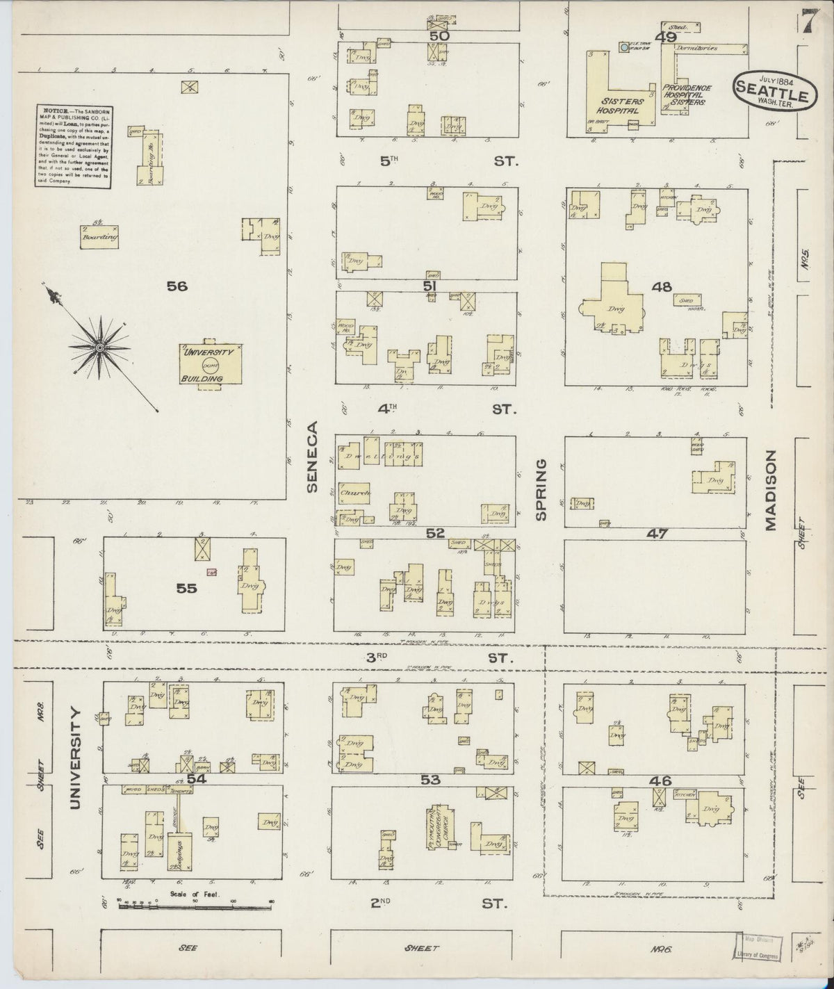 Sanborn Fire Insurance Map from Seattle, King County, Washington (1884), Sheet #0007 - Historic Sanborn Fire Insurance Map Print, vintage old map wall art, antique decor, genealogy gift, Washington Washington map