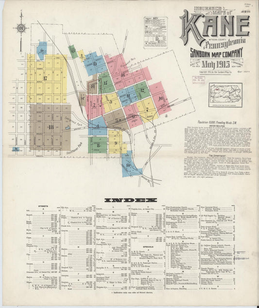 Sanborn Fire Insurance Map from Kane, McKean County, Pennsylvania (1915), Sheet #0001 - Complete Map Set gallery image, historic Sanborn map, vintage wall art, Pennsylvania Pennsylvania