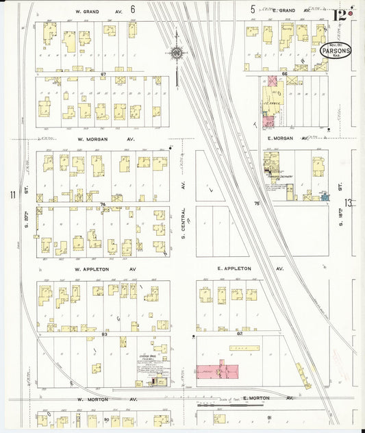 Sanborn Fire Insurance Map from Parsons, Labette County, Kansas (1911), Sheet #0012 - Historic Sanborn Fire Insurance Map Print, vintage old map wall art, antique decor, genealogy gift, Kansas Kansas map