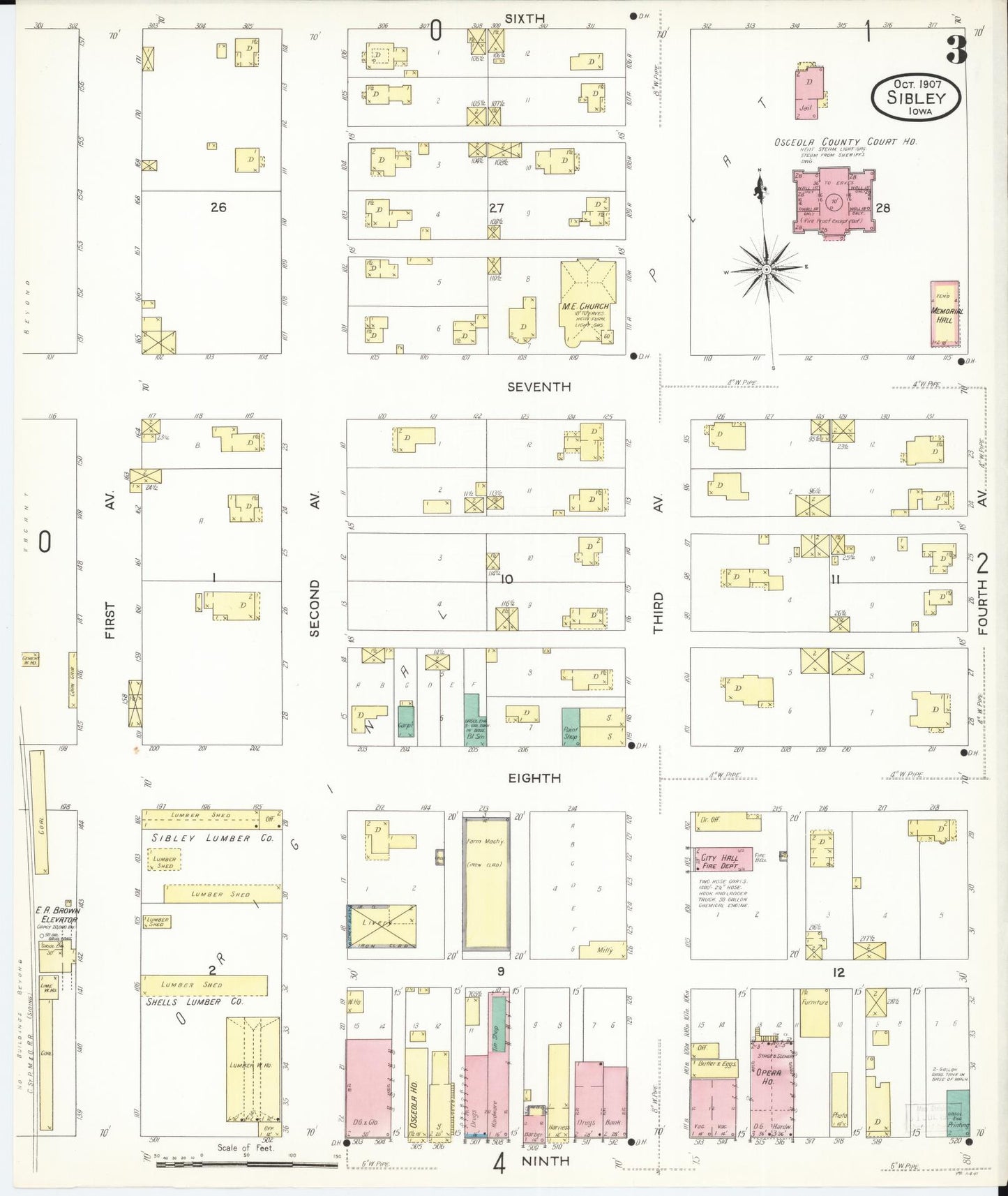 Sanborn Fire Insurance Map from Sibley, Osceola County, Iowa (1907), Sheet #0003 - Historic Sanborn Fire Insurance Map Print, vintage old map wall art