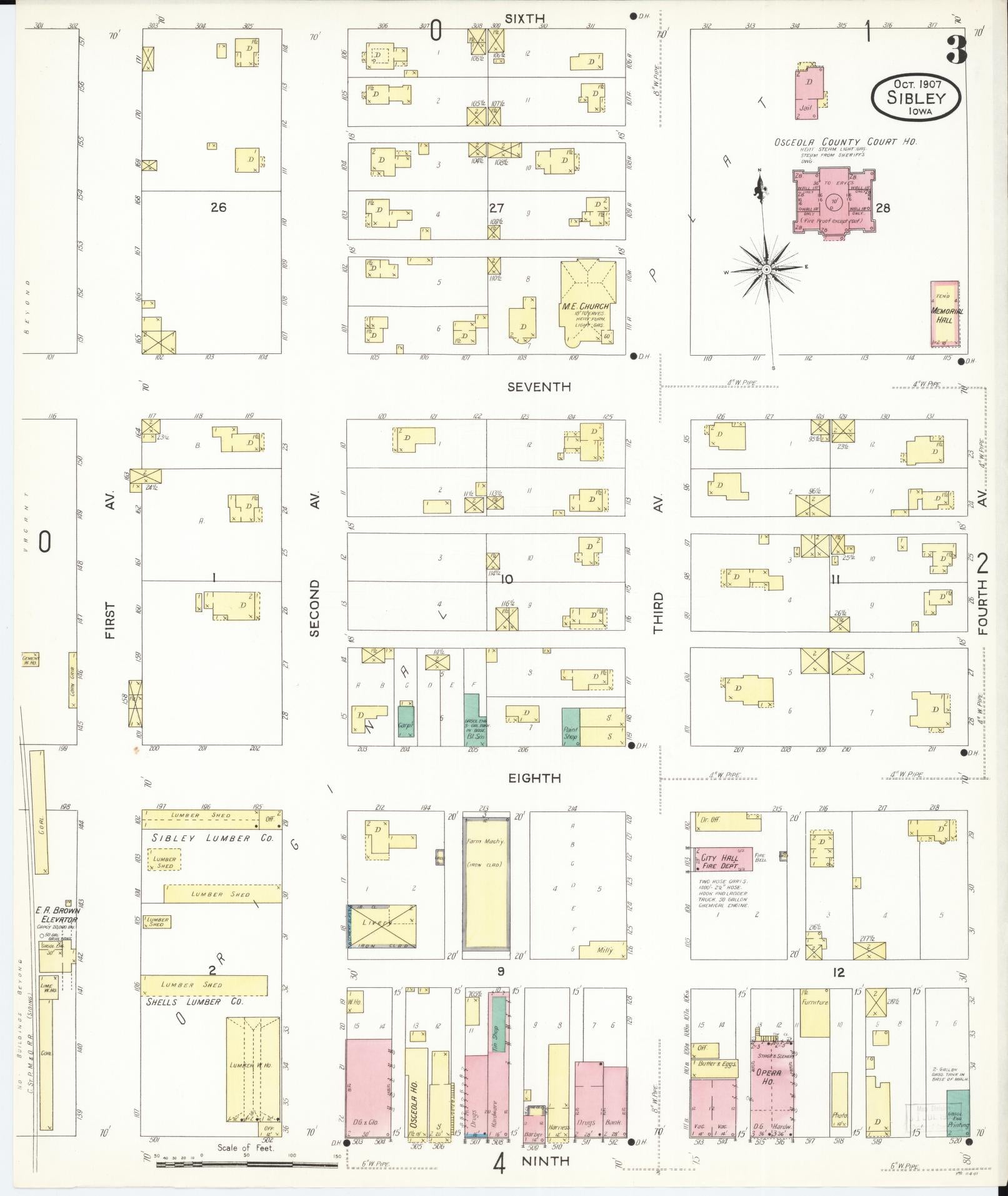 Sanborn Fire Insurance Map from Sibley, Osceola County, Iowa (1907), Sheet #0003 - Historic Sanborn Fire Insurance Map Print, vintage old map wall art