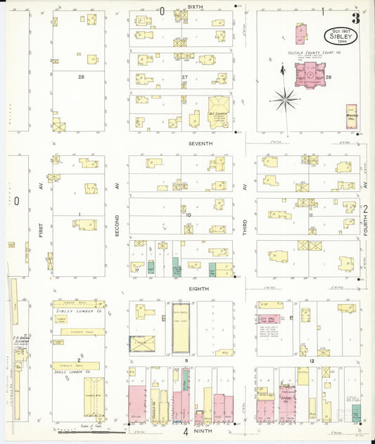 Sanborn Fire Insurance Map from Sibley, Osceola County, Iowa (1907), Sheet #0003 - Historic Sanborn Fire Insurance Map Print, vintage old map wall art