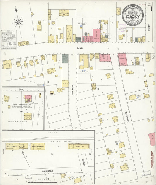 Sanborn Fire Insurance Map from El Monte, Los Angeles County, California (1908), Sheet #0001 - Complete Map Set gallery image, historic Sanborn map, vintage wall art, California California