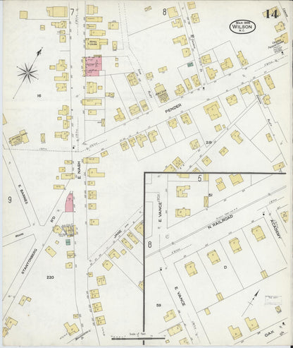 Sanborn Fire Insurance Map from Wilson, Wilson County, North Carolina (1908), Sheet #0014 - Complete Map Set gallery image, historic Sanborn map, vintage wall art, North Carolina North Carolina