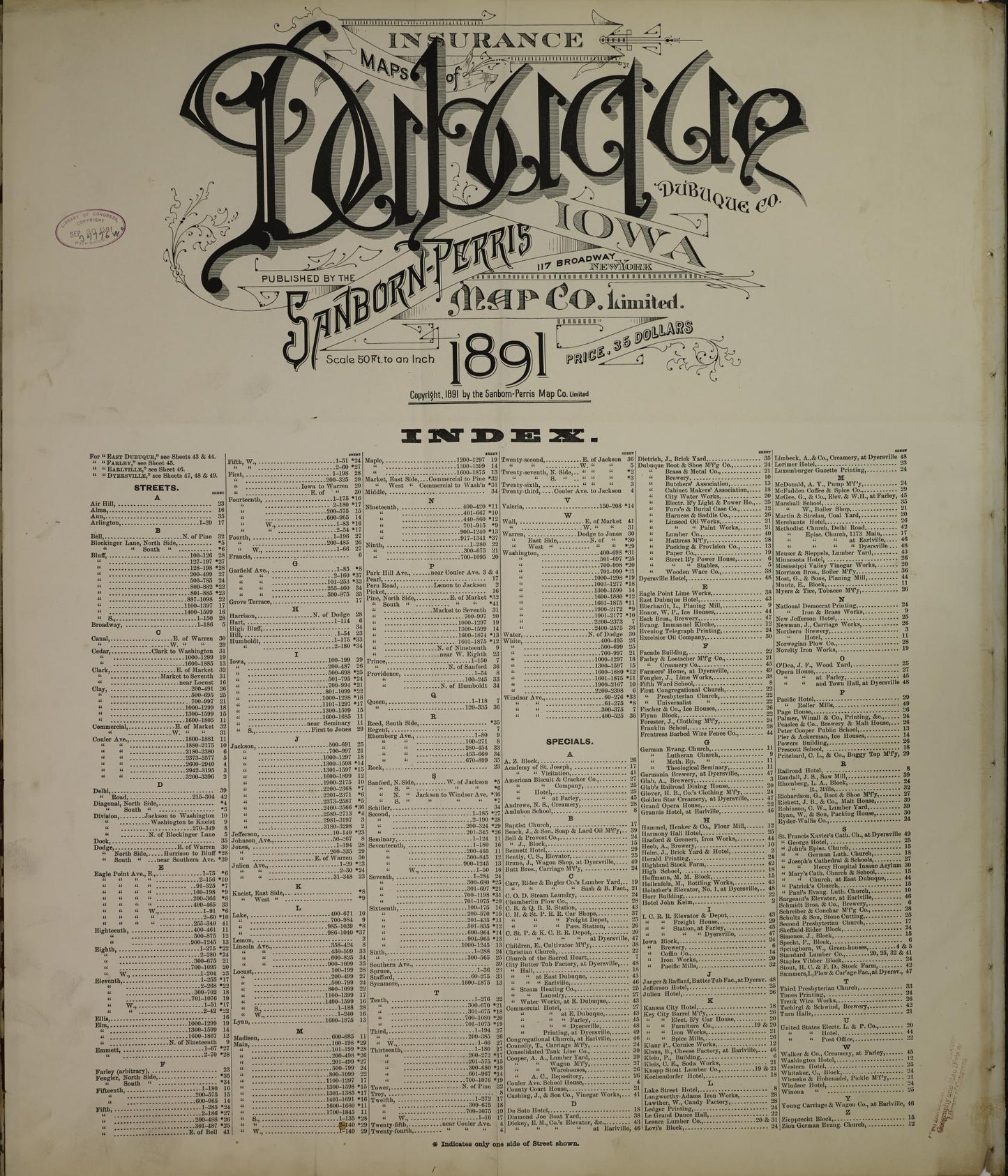 Sanborn Fire Insurance Map from Dubuque, Dubuque County, Iowa (1891), Sheet #0001 - Historic Sanborn Fire Insurance Map Print, vintage old map wall art