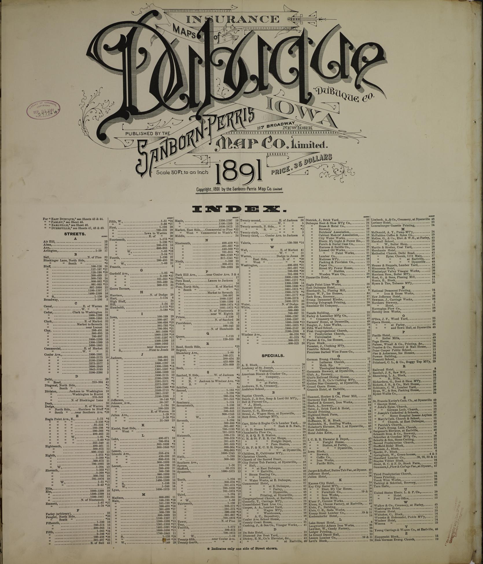 Sanborn Fire Insurance Map from Dubuque, Dubuque County, Iowa (1891), Sheet #0001 - Historic Sanborn Fire Insurance Map Print, vintage old map wall art