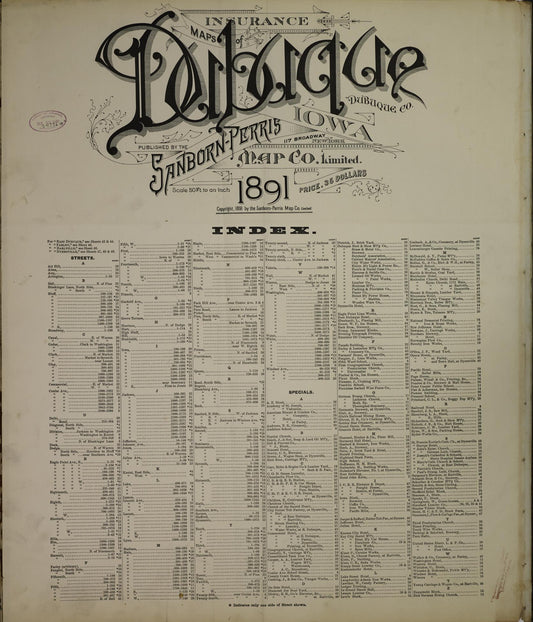 Sanborn Fire Insurance Map from Dubuque, Dubuque County, Iowa (1891), Sheet #0001 - Historic Sanborn Fire Insurance Map Print, vintage old map wall art