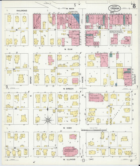 Sanborn Fire Insurance Map from Urbana, Champaign County, Illinois (1909), Sheet #0008 - Historic Sanborn Fire Insurance Map Print, vintage old map wall art, antique decor, genealogy gift, Illinois Illinois map