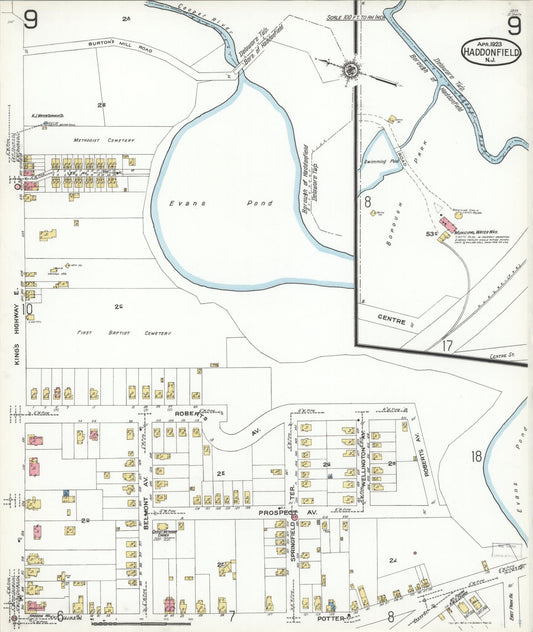 Sanborn Fire Insurance Map from Haddonfield, Camden County, New Jersey (1923), Sheet #0009 - Historic Sanborn Fire Insurance Map Print, vintage old map wall art, antique decor, genealogy gift, New Jersey New Jersey map