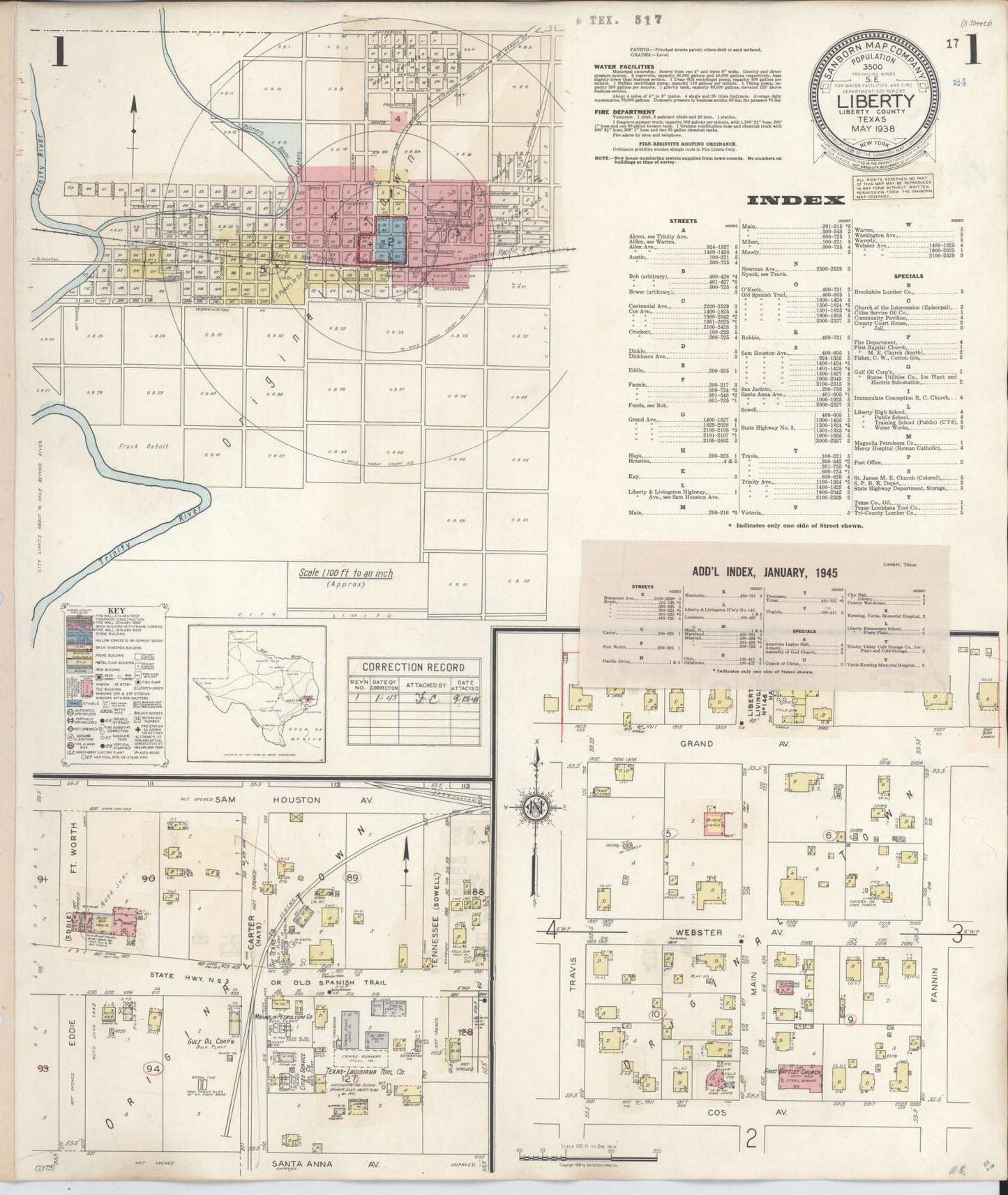 Sanborn Fire Insurance Map from Liberty, Liberty County, Texas (1945), Sheet #0001 - Historic Sanborn Fire Insurance Map Print, vintage old map wall art, antique decor, genealogy gift, Texas Texas map