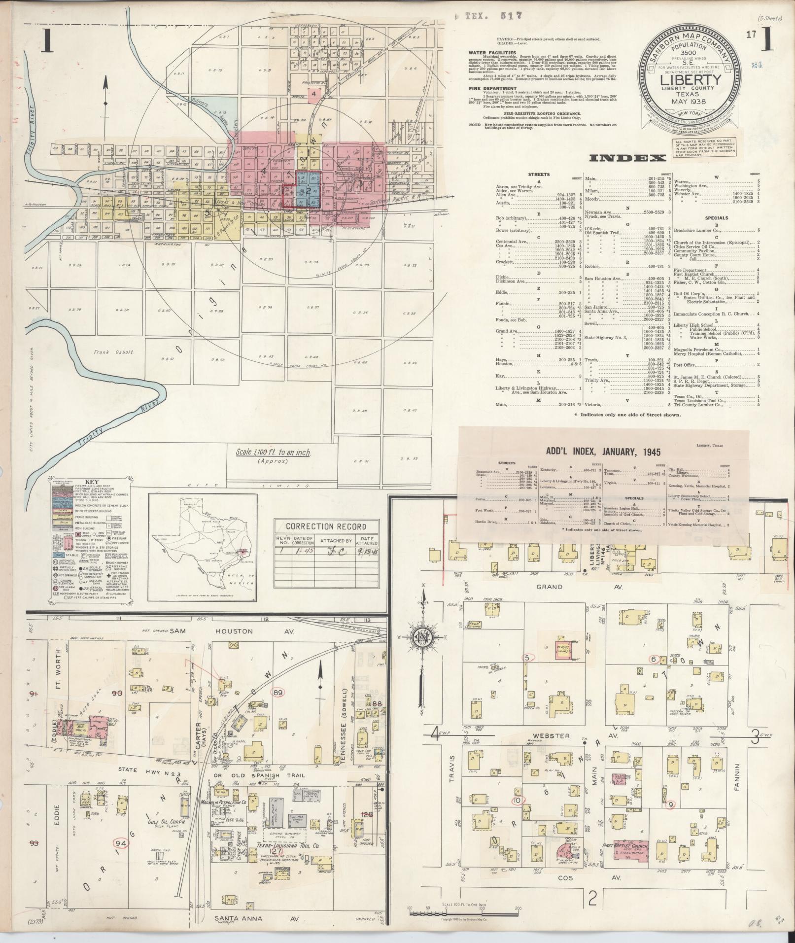 Sanborn Fire Insurance Map from Liberty, Liberty County, Texas (1945), Sheet #0001 - Historic Sanborn Fire Insurance Map Print, vintage old map wall art, antique decor, genealogy gift, Texas Texas map