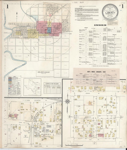 Sanborn Fire Insurance Map from Liberty, Liberty County, Texas (1945), Sheet #0001 - Historic Sanborn Fire Insurance Map Print, vintage old map wall art, antique decor, genealogy gift, Texas Texas map