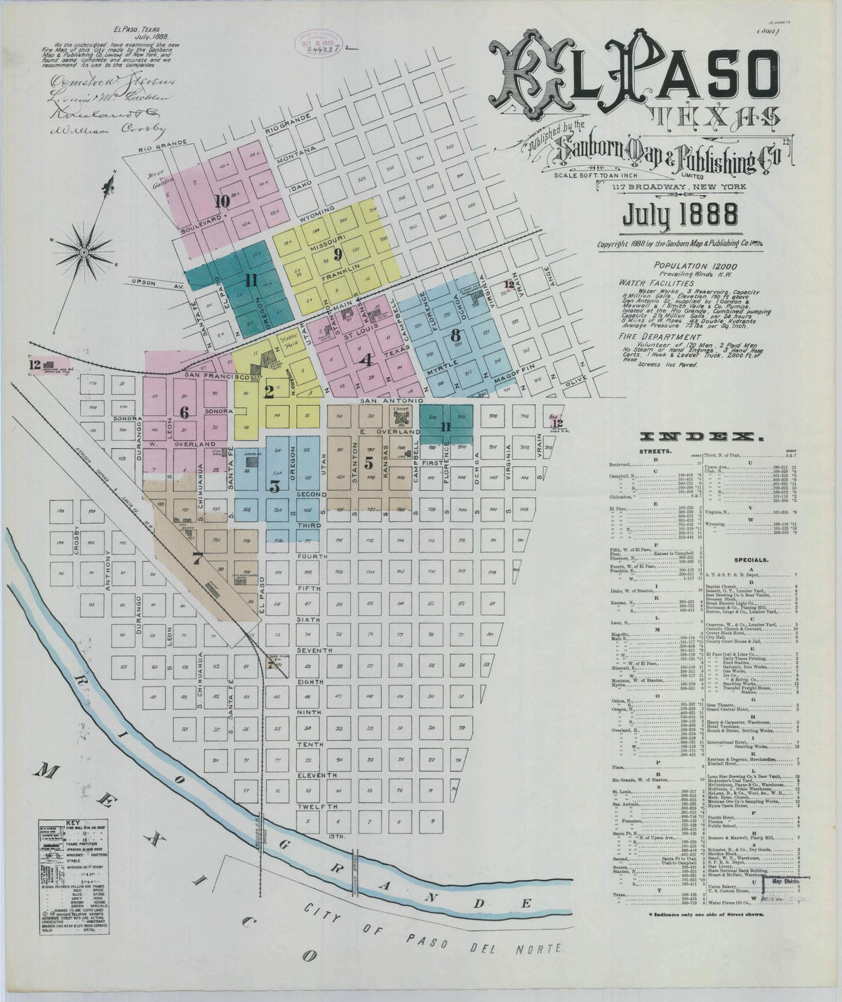 Sanborn Fire Insurance Map from El Paso, El Paso County, Texas (1888), Sheet #0001 - Historic Sanborn Fire Insurance Map Print, vintage old map wall art, antique decor, genealogy gift, Texas Texas map