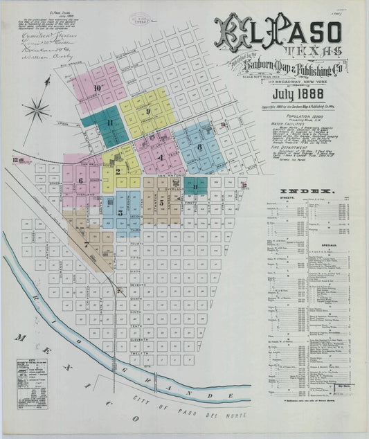 Sanborn Fire Insurance Map from El Paso, El Paso County, Texas (1888), Sheet #0001 - Historic Sanborn Fire Insurance Map Print, vintage old map wall art, antique decor, genealogy gift, Texas Texas map