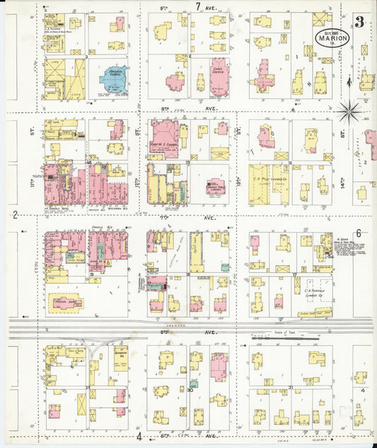 Sanborn Fire Insurance Map from Marion, Linn County, Iowa (1905), Sheet #0003 - Historic Sanborn Fire Insurance Map Print, vintage old map wall art