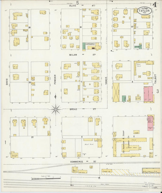 Sanborn Fire Insurance Map from Taylor, Williamson County, Texas (1898), Sheet #0004 - Historic Sanborn Fire Insurance Map Print, vintage old map wall art, antique decor, genealogy gift, Texas Texas map