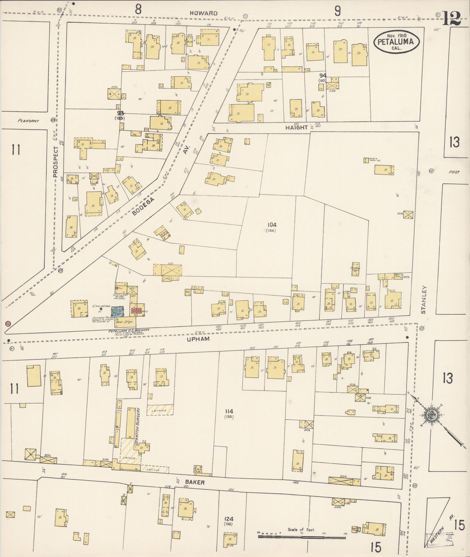 Sanborn Fire Insurance Map from Petaluma, Sonoma County, California (1910), Sheet #0012 - Complete Map Set gallery image, historic Sanborn map, vintage wall art, California California