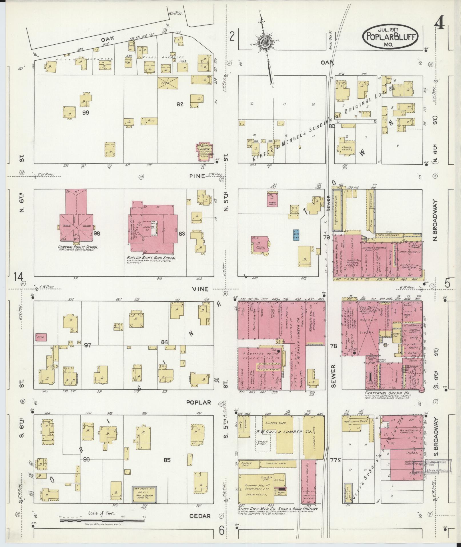 Sanborn Fire Insurance Map from Poplar Bluff, Butler County, Missouri (1917), Sheet #0004 - Historic Sanborn Fire Insurance Map Print, vintage old map wall art, antique decor, genealogy gift, Missouri Missouri map