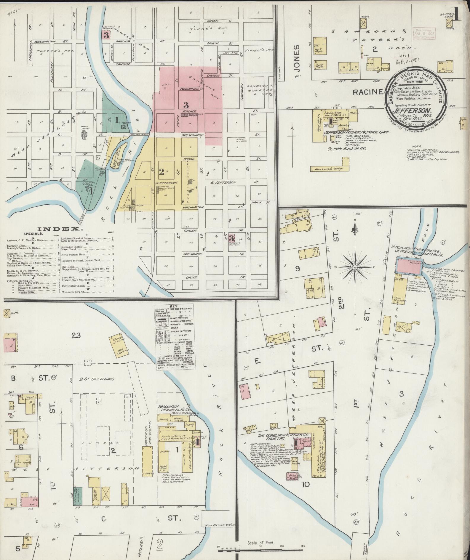 Sanborn Fire Insurance Map from Jefferson, Jefferson County, Wisconsin (1892), Sheet #0001 - Historic Sanborn Fire Insurance Map Print, vintage old map wall art, antique decor, genealogy gift, Wisconsin Wisconsin map