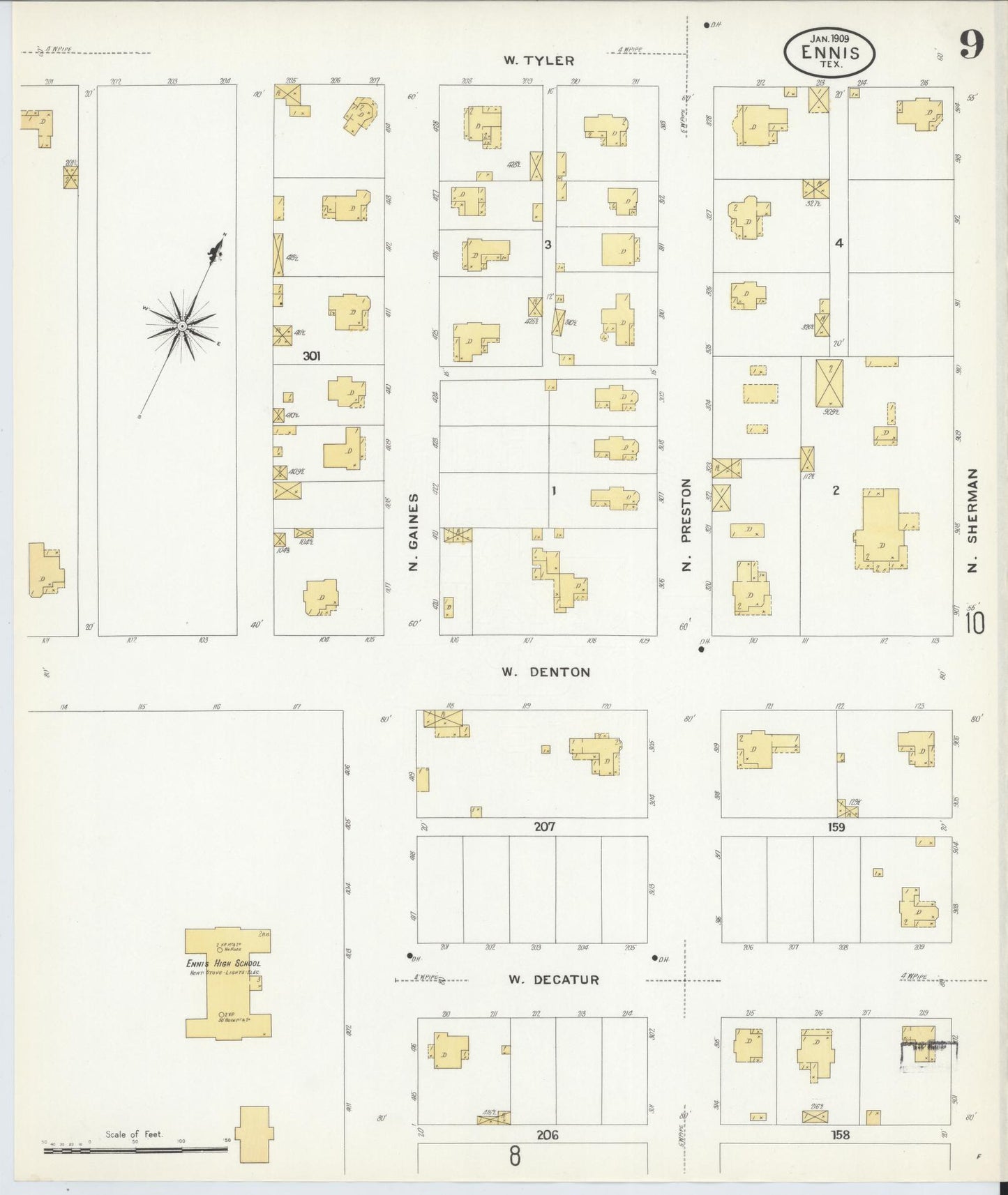 Sanborn Fire Insurance Map from Ennis, Ellis County, Texas (1909), Sheet #0009 - Complete Map Set gallery image, historic Sanborn map, vintage wall art, Texas Texas