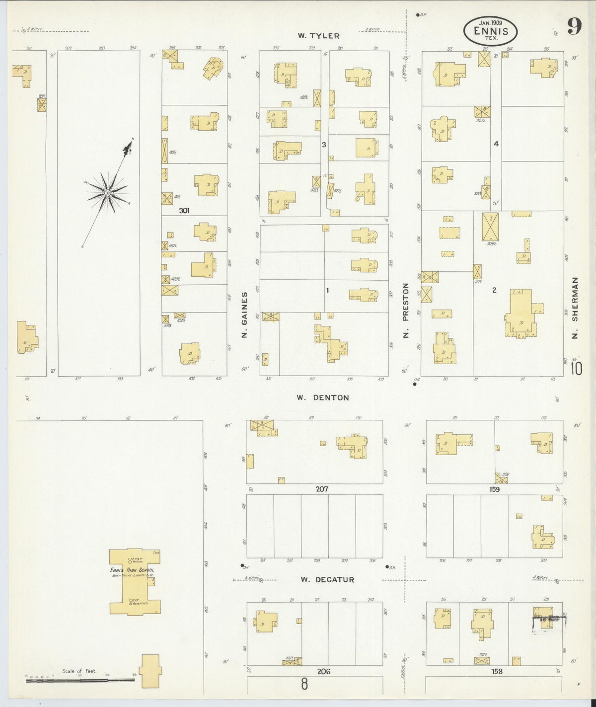 Sanborn Fire Insurance Map from Ennis, Ellis County, Texas (1909), Sheet #0009 - Complete Map Set gallery image, historic Sanborn map, vintage wall art, Texas Texas