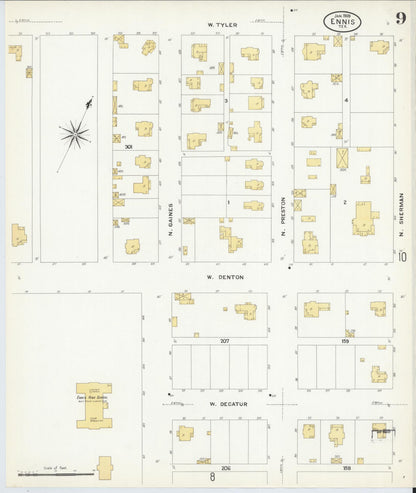Sanborn Fire Insurance Map from Ennis, Ellis County, Texas (1909), Sheet #0009 - Complete Map Set gallery image, historic Sanborn map, vintage wall art, Texas Texas