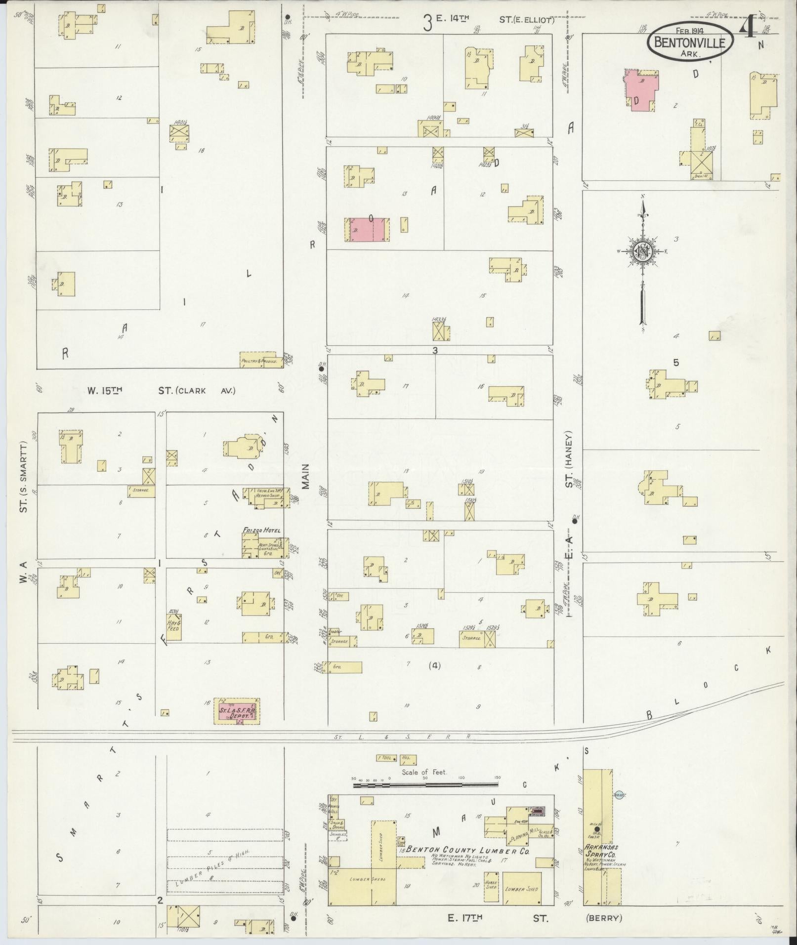 Sanborn Fire Insurance Map from Bentonville, Benton County, Arkansas (1914), Sheet #0004 - Complete Map Set gallery image, historic Sanborn map, vintage wall art, Arkansas Arkansas