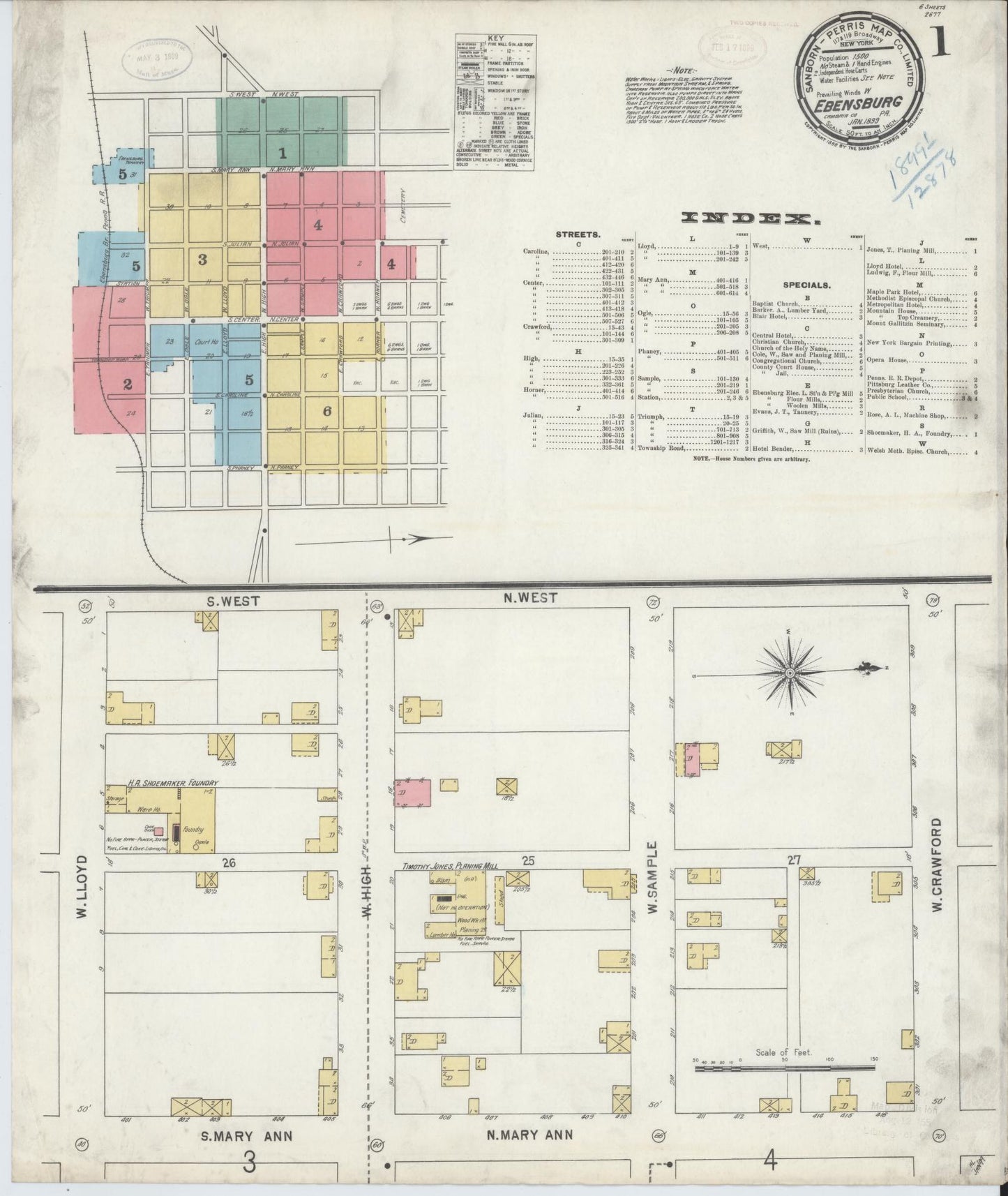 Sanborn Fire Insurance Map from Ebensburg, Cambria County, Pennsylvania (1899), Sheet #0001 - Historic Sanborn Fire Insurance Map Print, vintage old map wall art, antique decor, genealogy gift, Pennsylvania Pennsylvania map