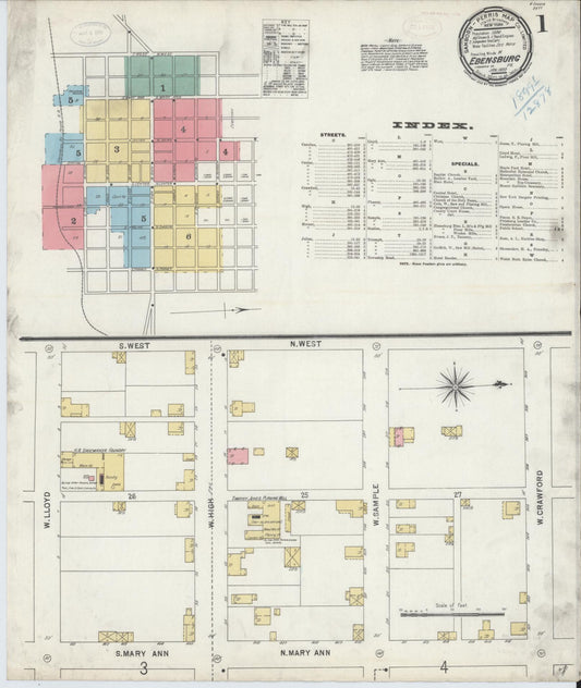 Sanborn Fire Insurance Map from Ebensburg, Cambria County, Pennsylvania (1899), Sheet #0001 - Historic Sanborn Fire Insurance Map Print, vintage old map wall art, antique decor, genealogy gift, Pennsylvania Pennsylvania map