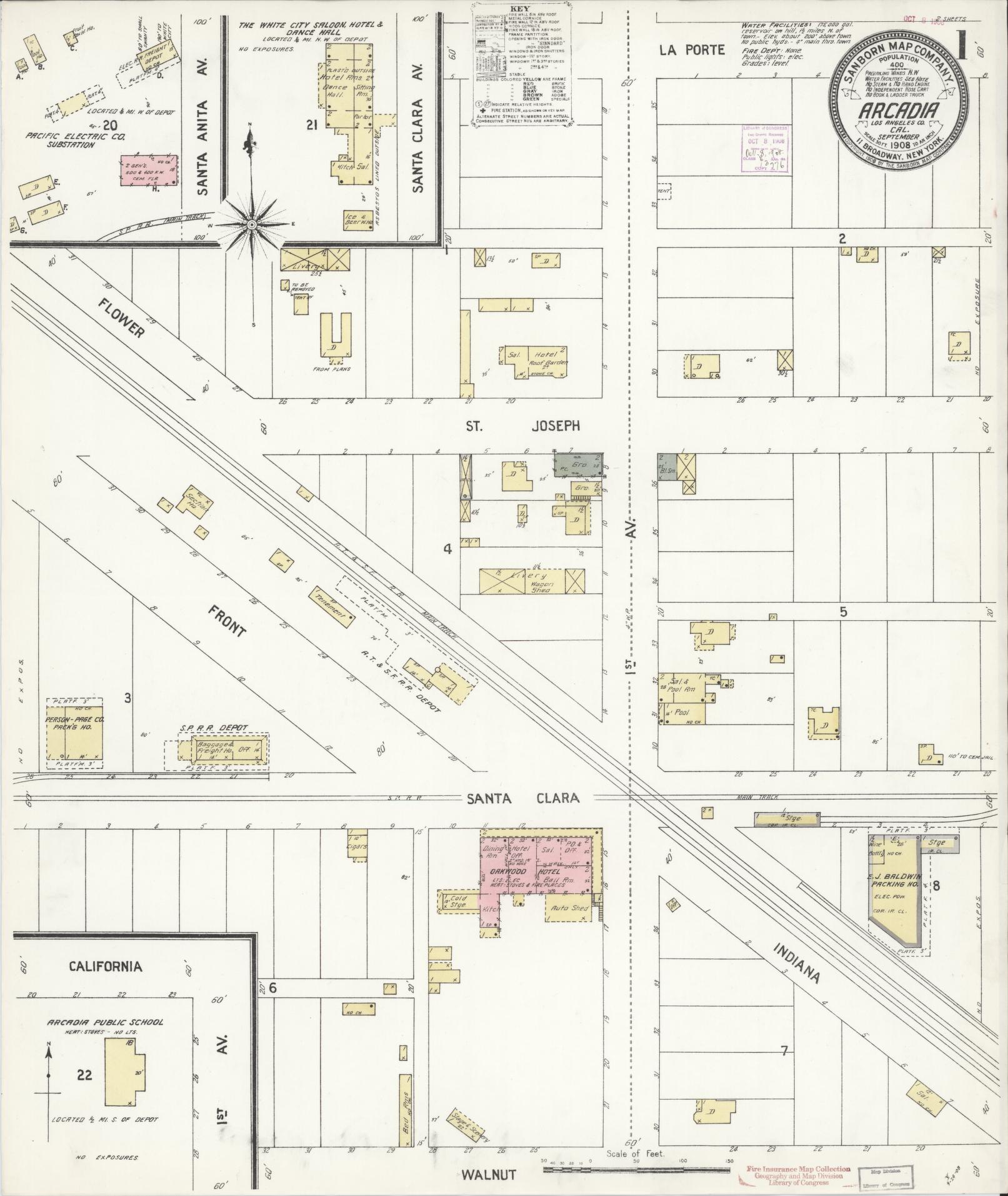 Sanborn Fire Insurance Map from Arcadia, Los Angeles County, California (1908), Sheet #0001 - Historic Sanborn Fire Insurance Map Print, vintage old map wall art, antique decor, genealogy gift, California California map