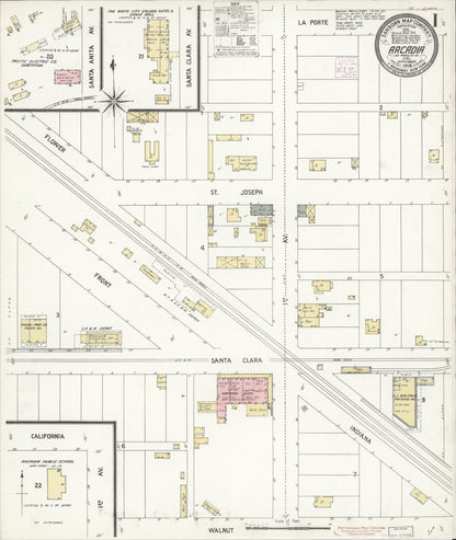 Sanborn Fire Insurance Map from Arcadia, Los Angeles County, California (1908), Sheet #0001 - Historic Sanborn Fire Insurance Map Print, vintage old map wall art, antique decor, genealogy gift, California California map
