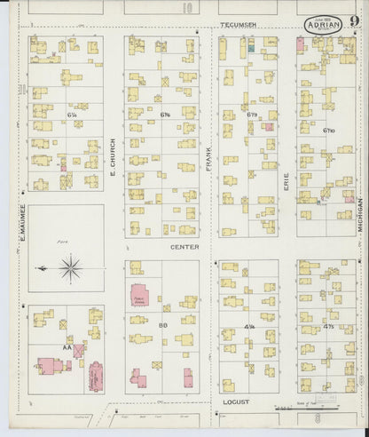 Sanborn Fire Insurance Map from Adrian, Lenawee County, Michigan (1893), Sheet #0009 - Complete Map Set gallery image, historic Sanborn map, vintage wall art, Michigan Michigan
