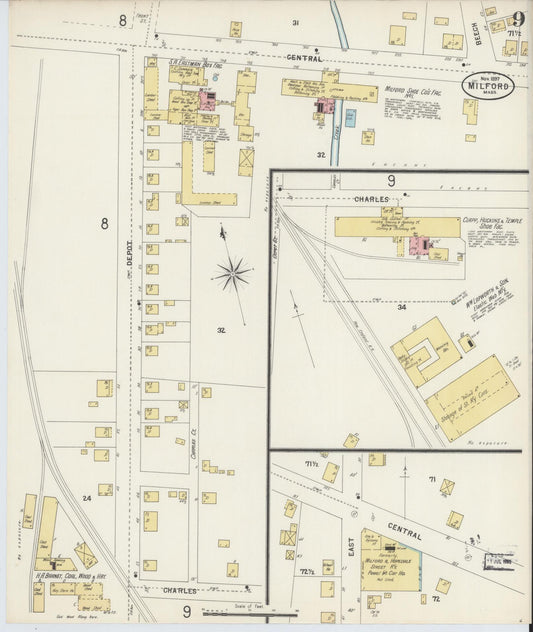 Sanborn Fire Insurance Map from Milford, Worcester County, Massachusetts (1897), Sheet #0009 - Historic Sanborn Fire Insurance Map Print, vintage old map wall art, antique decor, genealogy gift, Massachusetts Massachusetts map
