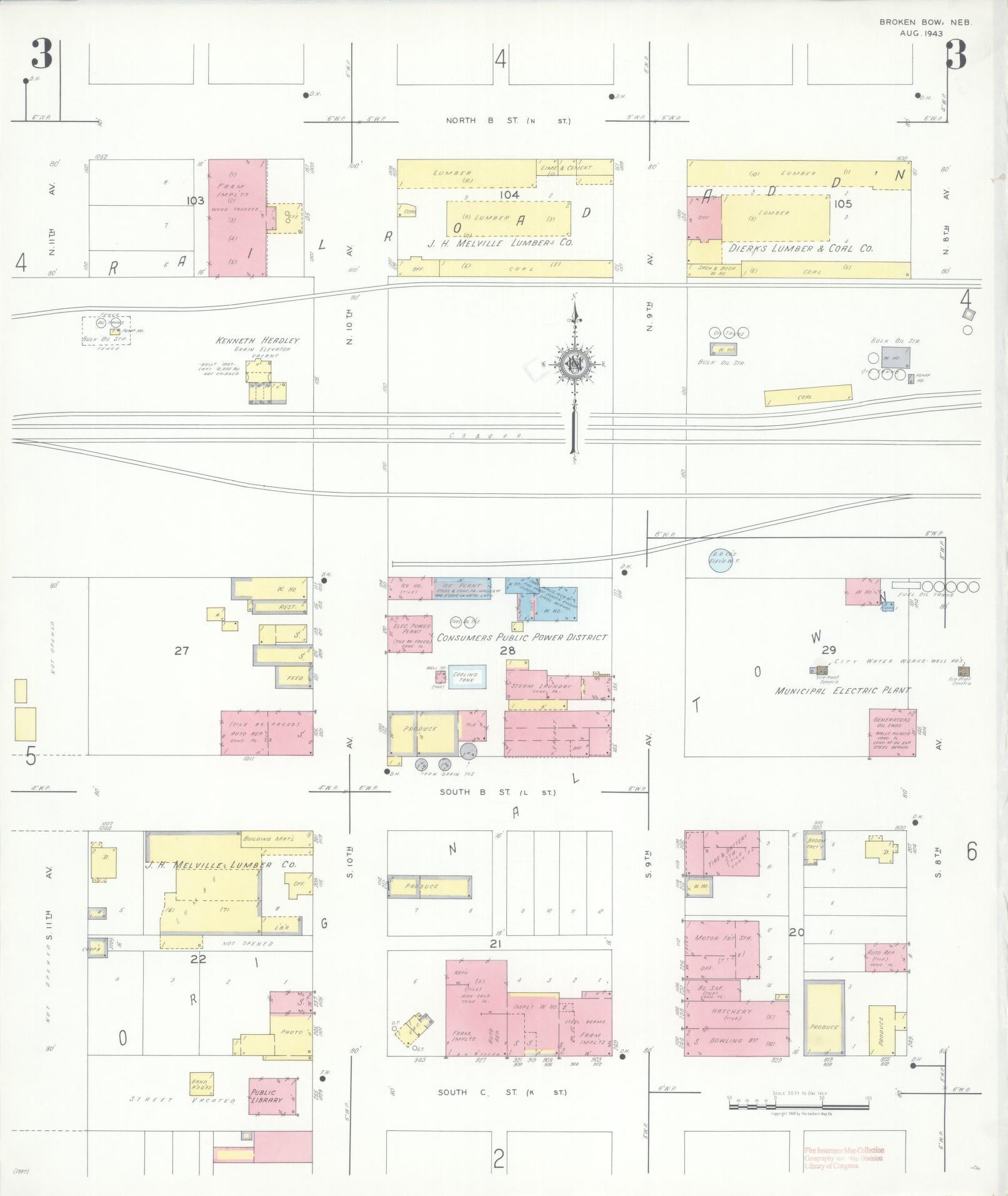 Sanborn Fire Insurance Map from Broken Bow, Custer County, Nebraska (1943), Sheet #0003 - Historic Sanborn Fire Insurance Map Print, vintage old map wall art, antique decor, genealogy gift, Nebraska Nebraska map