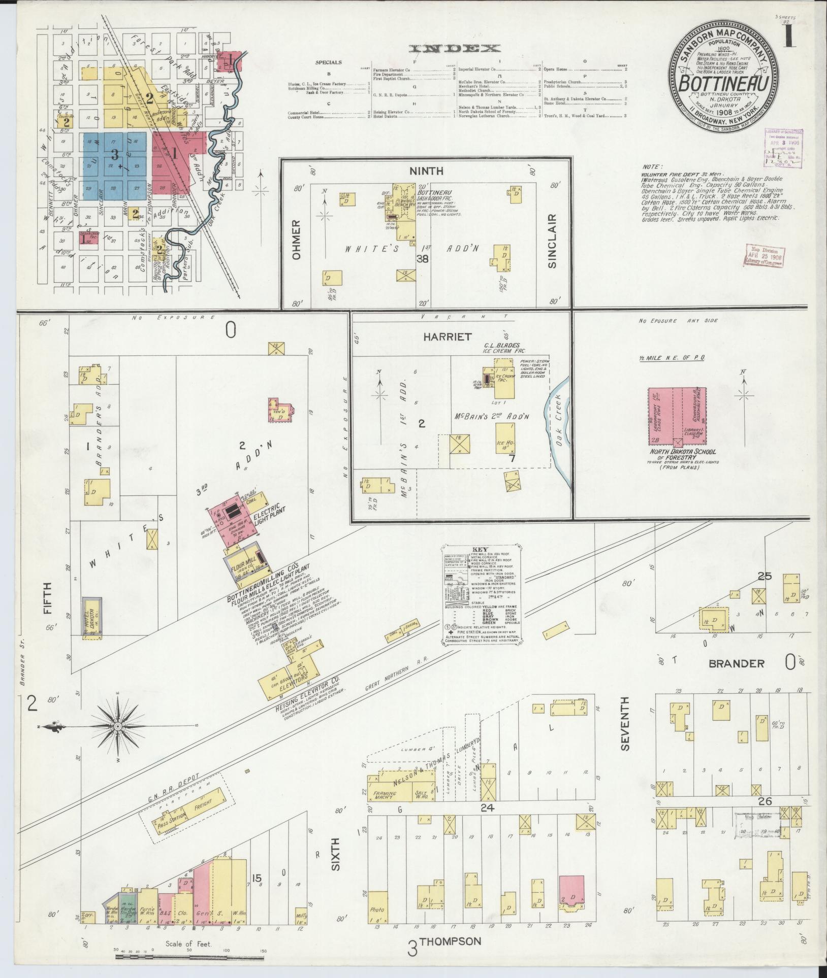 Sanborn Fire Insurance Map from Bottineau, Bottineau County, North Dakota (1908), Sheet #0001 - Historic Sanborn Fire Insurance Map Print, vintage old map wall art, antique decor, genealogy gift, North Dakota North Dakota map