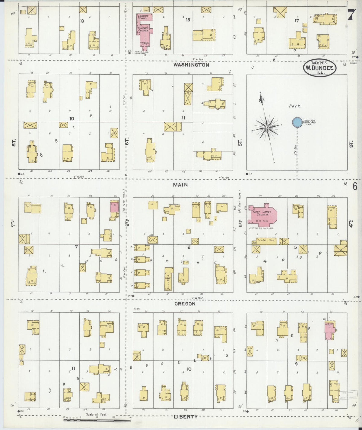 Sanborn Fire Insurance Map from Dundee, Kane County, Illinois (1905), Sheet #0007 - Complete Map Set gallery image, historic Sanborn map, vintage wall art, Illinois Illinois