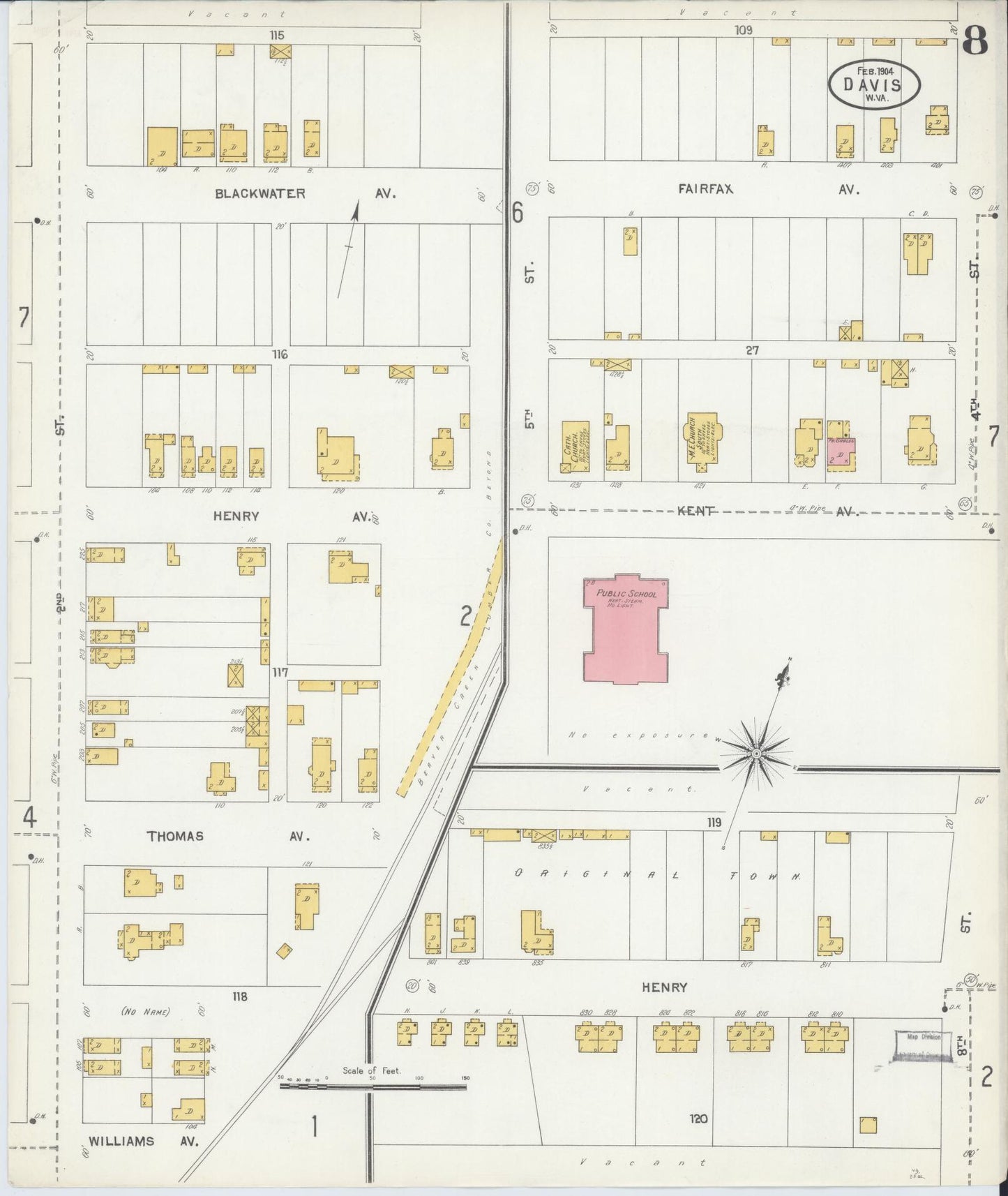 Sanborn Fire Insurance Map from Davis, Tucker County, West Virginia (1904), Sheet #0008 - Historic Sanborn Fire Insurance Map Print, vintage old map wall art, antique decor, genealogy gift, West Virginia West Virginia map