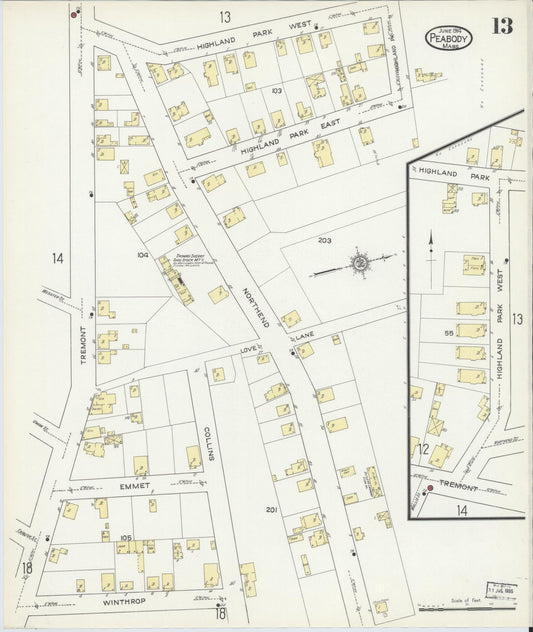 Sanborn Fire Insurance Map from Peabody, Essex County, Massachusetts (1914), Sheet #0013 - Historic Sanborn Fire Insurance Map Print, vintage old map wall art, antique decor, genealogy gift, Massachusetts Massachusetts map