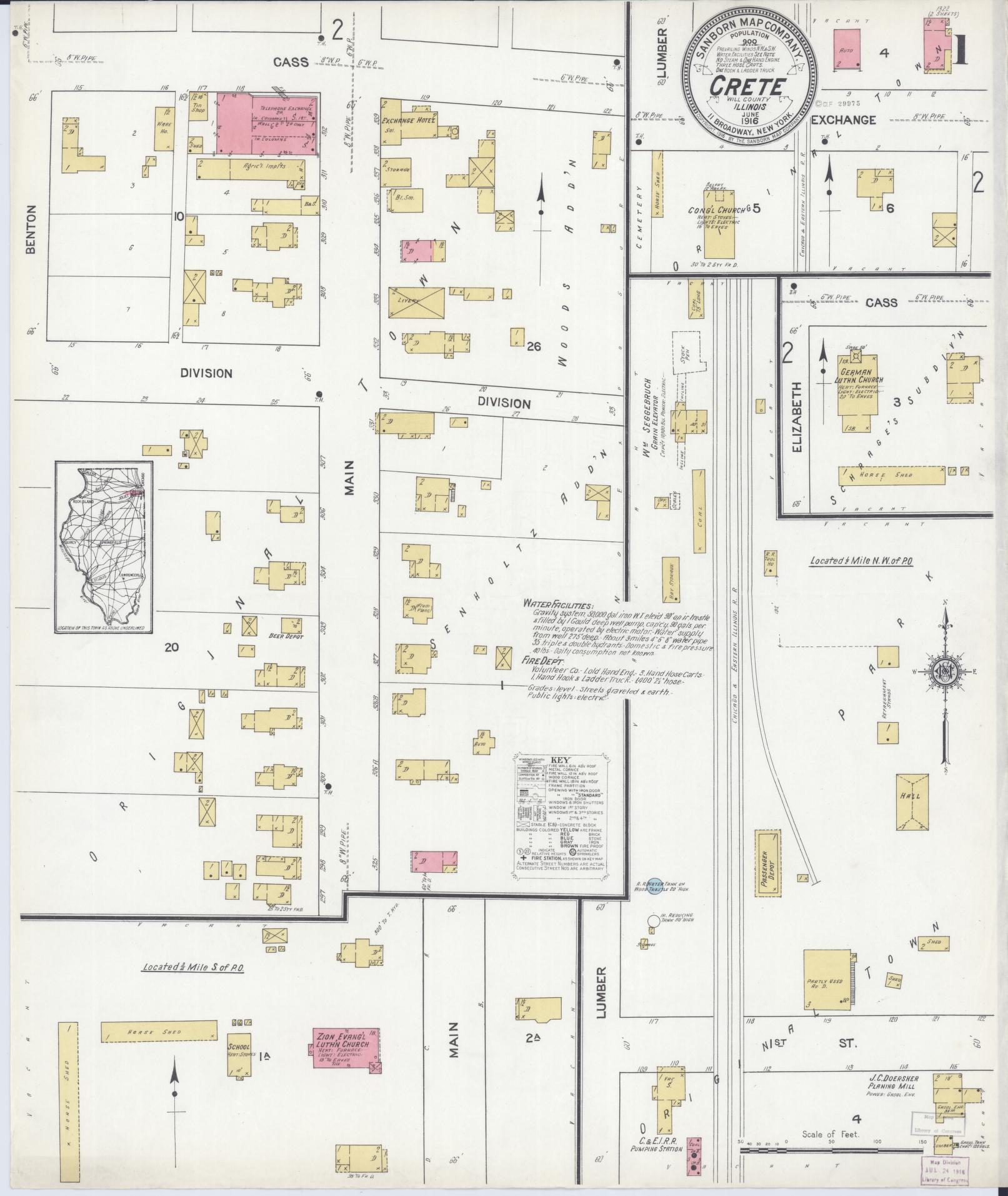 Sanborn Fire Insurance Map from Crete, Will County, Illinois (1916), Sheet #0001 - Complete Map Set gallery image, historic Sanborn map, vintage wall art, Illinois Illinois